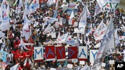 Suasana peringatan Hari Buruh (May Day) di Jakarta, 1 Mei 2018. (AP Photo/Achmad Ibrahim).