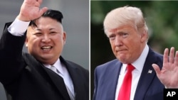 FILE - This combination of photos show North Korean leader Kim Jong Un on April 15, 2017, in Pyongyang, North Korea, left, and U.S. President Donald Trump in Washington on April 29, 2017. A dictator stands on the verge of possessing nuclear missiles that threaten U.S. shores. A worried world ponders airstrikes and sanctions. (AP Photo/Wong Maye-E, Pablo Martinez Monsivais, Files) 