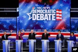 Democratic presidential candidates participate in a Democratic presidential primary debate, Feb. 19, 2020, in Las Vegas, hosted by NBC News and MSNBC.