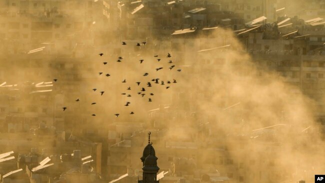 Una bandada de pájaros vuela mientras se eleva el humo del lugar de un ataque aéreo israelí en Dahiyeh, en el suburbio sur de Beirut, Líbano, el jueves 24 de octubre de 2024. (Foto AP/Bilal Hussein).