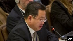 FILE - Choe Myong Nam, North Korea's deputy permanent representative to the UN in Geneva, speaks during a meeting of the U.N. General Assembly human rights committee, Nov. 18, 2014, when he was in charge of U.N. affairs and human rights.