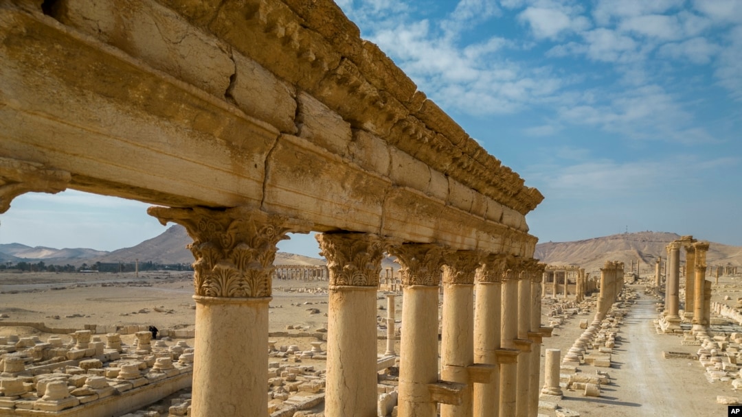 An aerial view shows sections of the columns in the ancient city of Palmyra, Syria, Jan. 25, 2025.