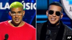 Bad Bunny, a la izquierda, recibe un Premio Billboard de la Música Latina el 25 de abril de 2019 en Las Vegas, y Daddy Yankee recibe el premio al artista masculino favorito en los Latin American Music Awards el 25 de octubre del 2018 en Los Angeles.