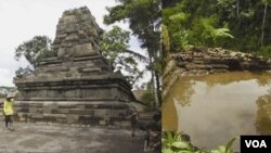 Candi Lumbung di lokasi yang baru (kiri) dan lokasi asli sebelumnya di tepi sungai Pabelan (kanan).