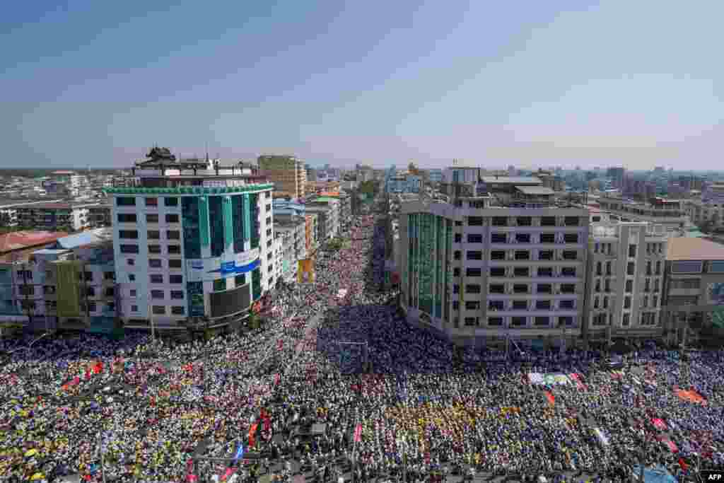 Protesters take part in a demonstration against the military coup in Mandalay, Myanmar, Feb. 22, 2021.