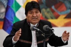 Bolivia's President Evo Morales speaks during a press conference at the presidential palace in La Paz, Bolivia, Oct. 23, 2019. International election monitors expressed concern over Bolivia's presidential election process Tuesday.