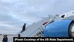 US Secretary of State Antony Blinken boards a plane to Brussels at Joint Base Andrews in Maryland, April 12, 2021.