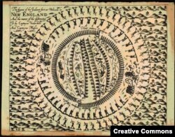 This 1638 woodcut shows the English, Mohegan and Narragansett attack and torching in 1637 of a Pequot village at Missituck which left 400 Pequot men, women and children dead, many of them burned to death.
