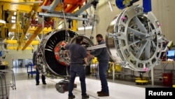 Technicians build LEAP engines for jetliners at a new, highly automated General Electric (GE) factory in Lafayette, Indiana, U.S. on March 29, 2017. Picture taken on March 29, 2017. REUTERS/Alwyn Scott