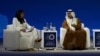 Moderator Hadley Gamble, left, looks on as UAE Minister of Energy and Infrastructure Suhail al-Mazrouei speaks in a panel during the Abu Dhabi International Petroleum Exhibition and Conference in Abu Dhabi, United Arab Emirates, Nov. 4, 2024.