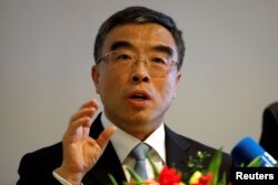 Huawei Technologies Co. Ltd. Chairman Liang Hua speaks during a news conference in Paris, France, Feb. 27, 2020.