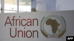 FILE - The logo of the African Union (AU) is seen at the entrance of AU headquarters in Addis Ababa, Ethiopia, March 13, 2019. 