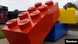 FILE - Giant Lego bricks are displayed at the headquarters of the Danish toy company during the annual news conference in Billund, Denmark.