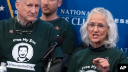 Marc Tice, left, and Debra Tice, the parents of Austin Tice, a journalist who was kidnapped in Syria, update the media about their son's condition, Dec. 6, 2024, as they continue to push for his release, during a news conference at the National Press Club in Washington.