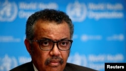 FILE - Director General of the World Health Organization (WHO) Tedros Adhanom Ghebreyesus attends a news conference in Geneva, Switzerland, Feb. 28, 2020. 