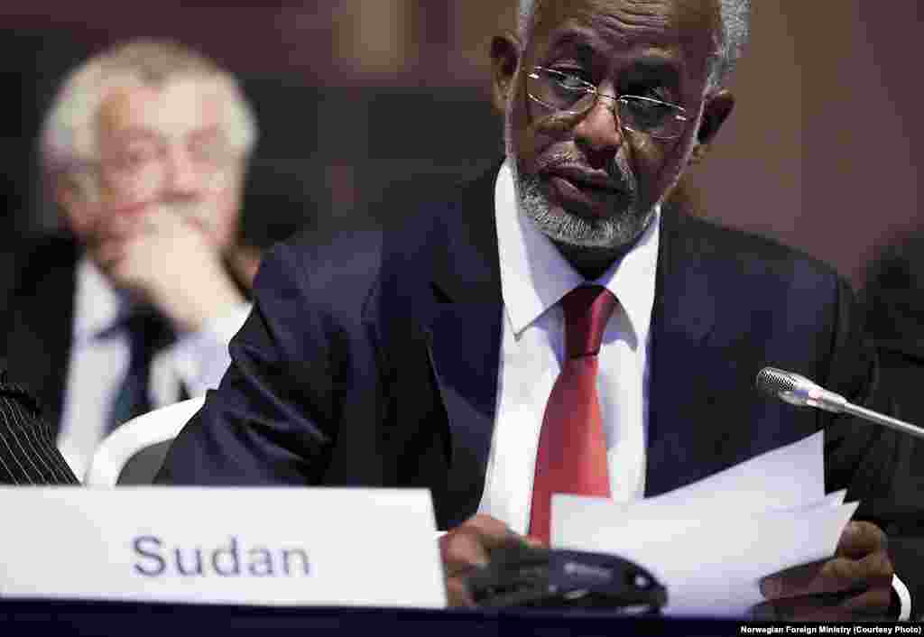 Sudanese Foreign Minister Ali Karti at the donor conference for South Sudan. Sudan pledged 10 additional tons of sorghum to help its neighbor.