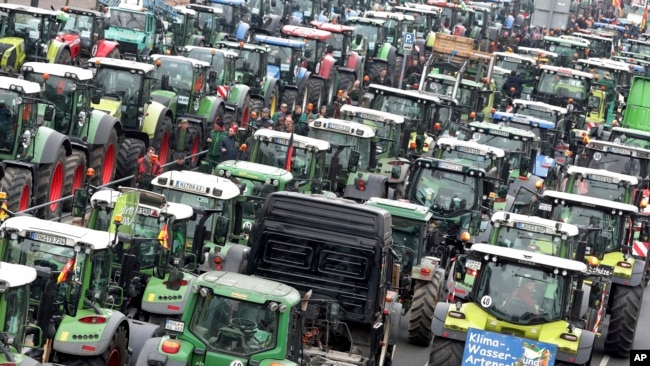 Alman çiftçiler traktörleriyle yollarda hükümetin tasarruf planını protesto ediyor.
