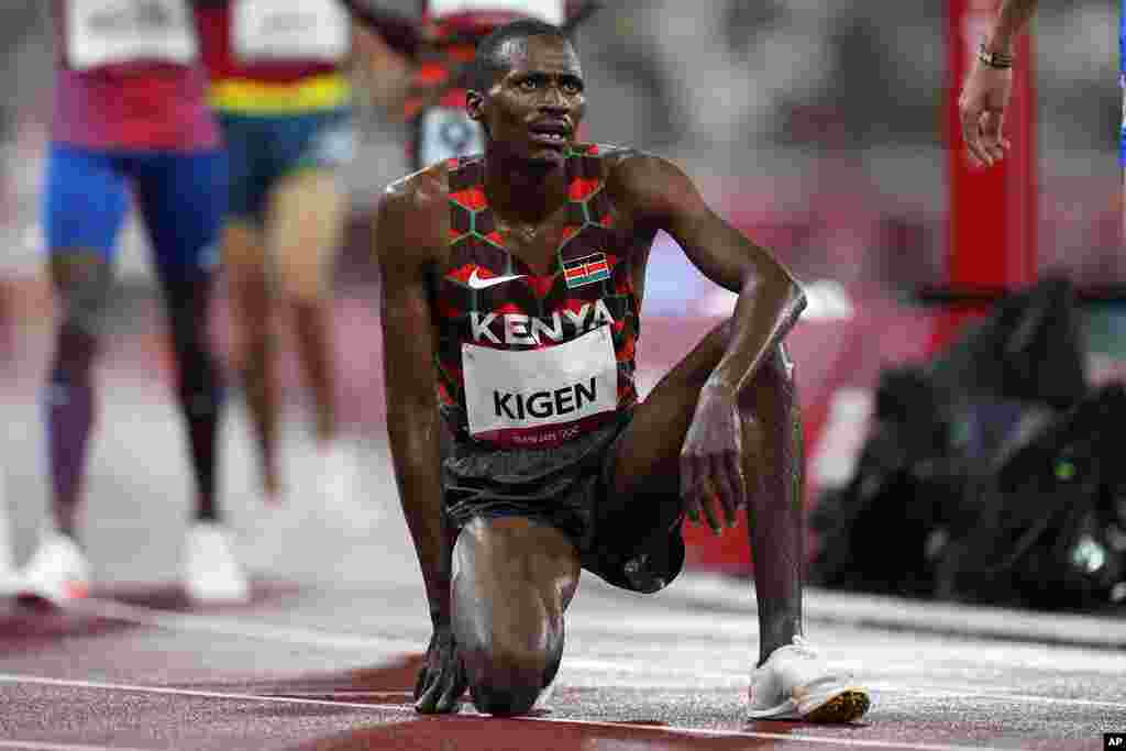 Benjamin Kigen, of Kenya, reacts after the men&#39;s 3,000-meter steeplechase final at the 2020 Summer Olympics, Monday, Aug. 2, 2021, in Tokyo. (AP Photo/Petr David Josek)