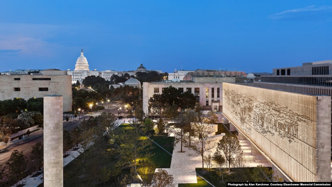 View of the Eisenhower Memorial at night. (Photograph by Alan Karchmer, courtesy Eisenhower Memorial Commission)