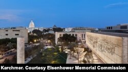 View of the Eisenhower Memorial at night. (Photograph by Alan Karchmer, courtesy Eisenhower Memorial Commission)