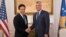 Kosovo's president Hashim Thaci, right, shakes hands with Hoyt Brian Yee, Deputy Assistant Secretary for European and Eurasian Affairs, responsible for U.S. relations with the countries of Central Europe and South Central Europe, Oct. 25, 2017, in Kosovo capital Pristina.
