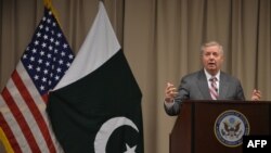 FILE - U.S. Senator Lindsey Graham holds a press conference at the U.S. embassy in Islamabad, Pakistan, Jan. 20, 2019.