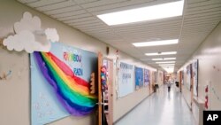 A memorial dedicated to former student Ava Lerario is posted in a hallway at Panther Valley Elementary School, March 11, 2021, in Nesquehoning, Pa. 
