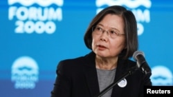 Former Taiwan President Tsai Ing-wen speaks during the annual Forum 2000 conference in Prague, Czech Republic, Oct. 14, 2024.