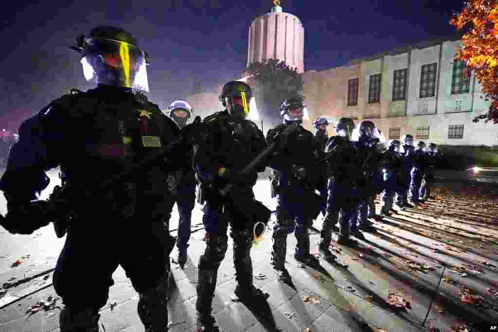 Police line-up at the Oregon State Capitol building where demonstrators gathered in Salem, Oregon, Nov. 7, 2020.