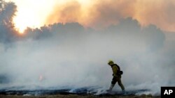 Seorang petugas pemadam kebakaran memeriksa lokasi di Riverside, California, 31 Oktober 2019. Angin kencang memicu berkobarnya kembali api kebakaran di California Selatan, Kamis, (31/10), membakar rumah-rumah dan memaksa penduduk untuk mengungsi.