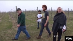 Virginia winery owner Doug Fabbioli walks with farming students at his free agriculture school. 