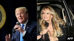 Foto konbinezon: Prezidan Donald Trump, agoch, ak aktris fim porno Stephanie Clifford, yon konnen sou non, Stormy Daniels.