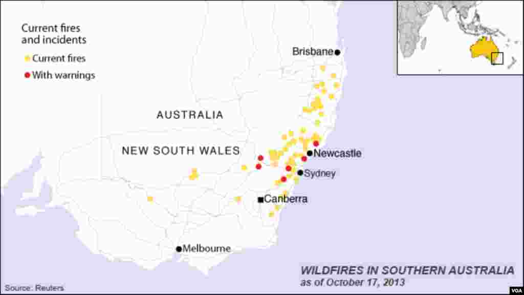 Lokasi kebakaran-kebakaran hutan di bagian tenggara Australia.