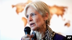 FILE - Green Party presidential candidate Jill Stein speaks at a coffee shop in Phoenix, Arizona, Oct. 28, 2024. 