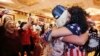 Diana Caldon, right, embraces Stephanie Smith in celebration at an election night watch party hosted by the Nevada GOP as Donald Trump wins the presidency, Nov. 8, 2016, in Las Vegas. 