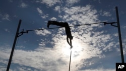 FILE - Sam Kendricks of the U.S. competes to win in the men's pole vault for the Americas at the IAAF track and field Continental Cup in Ostrava, Czech Republic, Sunday, Sept. 9, 2018. (AP Photo/Petr David Josek)