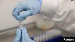 FILE - Scientists are seen working on a potential vaccine for COVID-19 at Cobra Biologics in Keele, Britain, April 30, 2020. 