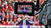 Republican presidential nominee and former U.S. President Donald Trump is seen in a camera viewfinder as he speaks during a campaign event at Dorton Arena in Raleigh, North Carolina, Nov. 4, 2024.