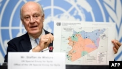 FILE - U.N. Special Envoy for Syria Staffan de Mistura gives a press conference closing a round of Syria peace talks at the European headquarters of the United Nations offices in Geneva, Dec. 14, 2017. 