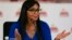 FILE - In this Aug. 28, 2017, photo, Delcy Rodriguez, then president of the Constitutional Assembly, gives a press conference in Caracas. Venezuelan President Nicolas Maduro has named Rodriguez on June 14, 2018, as the country's new vice president.