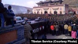 Photo posted on social media site Weibo purports to show heavy Chinese military presence at Tibetan prayer festival.