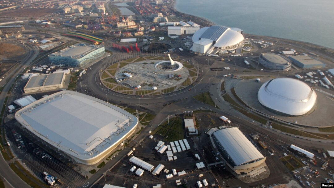 An aerial view from a helicopter shows the Olympic Park in the Adler district of the Black Sea resort city of Sochi.