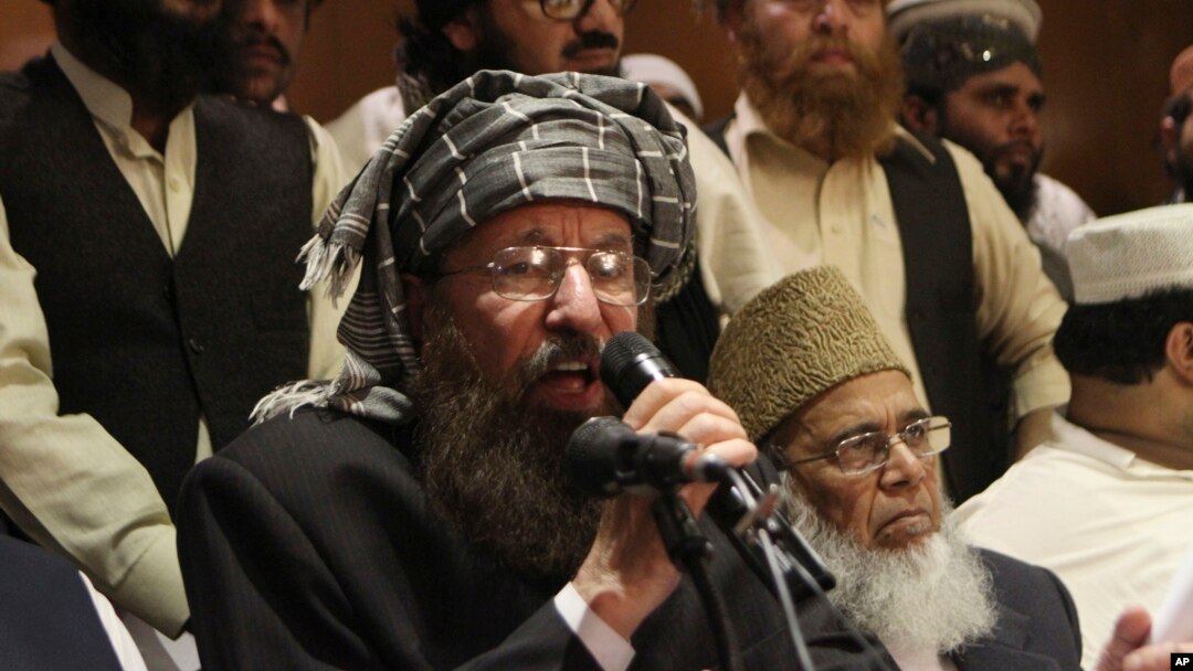 Maulana Sami-ul-Haq ,a Pakistani religious cleric and member of Taliban's negotiating team, speaks during a press conference in Lahore, Pakistan, Feb. 15, 2014.