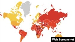 "Transparency International" hisoboti: unda sariq rang - korrupsiyadan nisbatan yiroq mintaqalar, qizil rang - korrupsiya avj olgan hududlar 