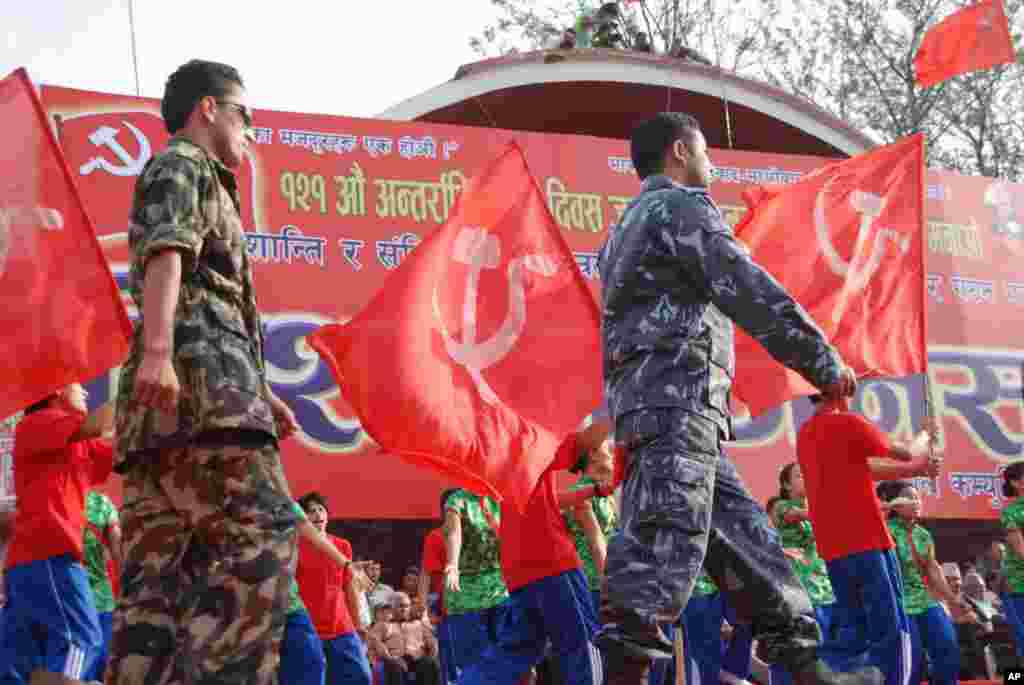 A short "revolutionary" historical musical on stage at the May Day rally in Kathmandu