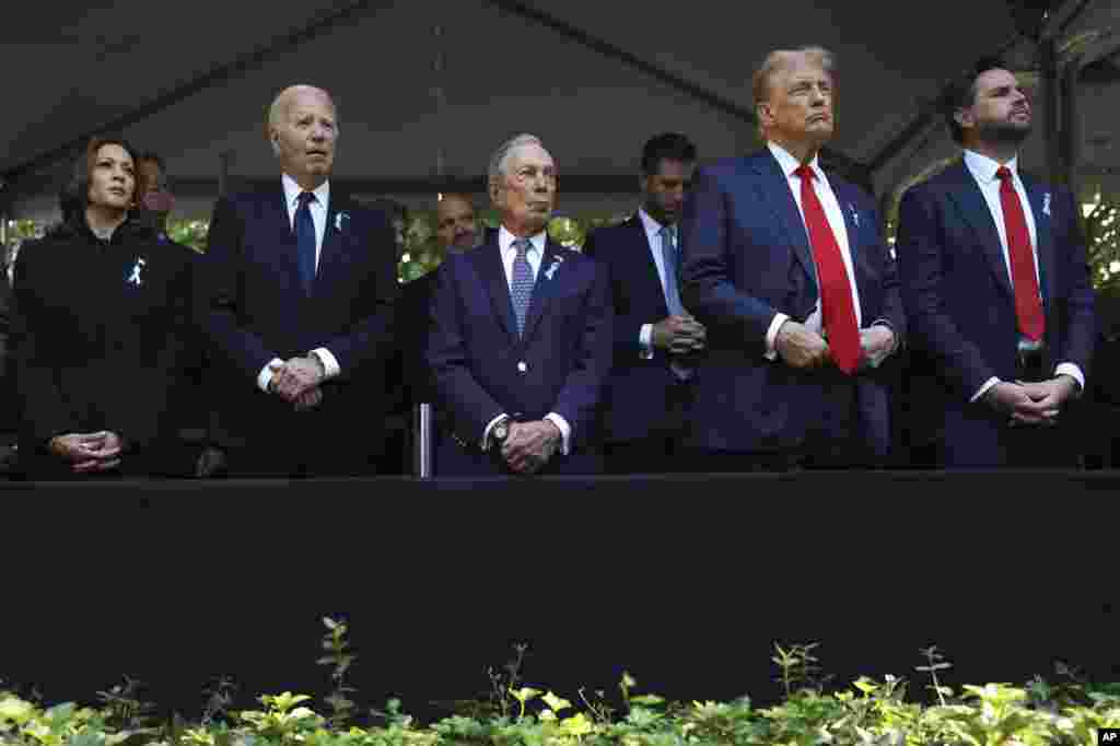 Vice President Kamala Harris, President Joe Biden, former New York City mayor Michael Bloomberg, Republican presidential candidate Donald Trump and Republican vice presidential candidate JD Vance attend a 9/11 memorial ceremony in New York, Sept. 11, 2024.&nbsp;