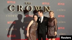 FILE PHOTO: Actors Claire Foy, who plays Queen Elizabeth II, Matt Smith who plays Philip Duke of Edinburgh and Vanessa Kirby who plays Princess Margaret, attend the premiere of "The Crown" Season 2 in London