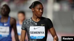 FILE - South Africa's Caster Semenya before the women's 800m at Khalifa International Stadium, Doha, Qatar, May 3, 2019.