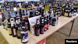 Beers are displayed on tables during the Brussels Beer Challenge in Brussels, Belgium, November 4, 2016.