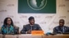 Bankole Adeoye, center, AU Commissioner for Political Affairs, Peace and Security, explains the African Union's position on conflicts on the continent during a press conference at the 38th African Union Summit in Addis Ababa, Ethiopia, Feb. 16, 2025.